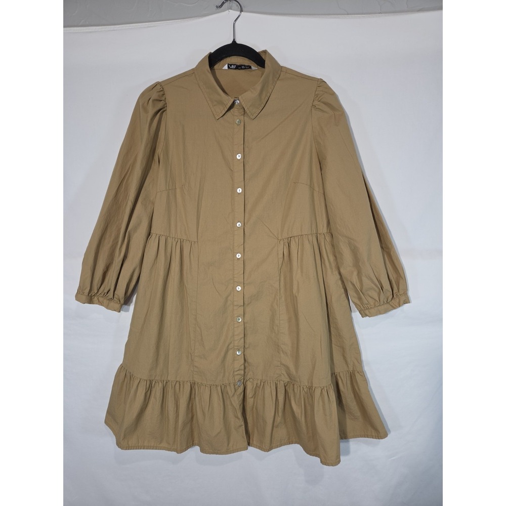 Zara Poplin Shirt Dress Womens Small Tan Khaki Tiered Ruffle Mini Long Sleeve